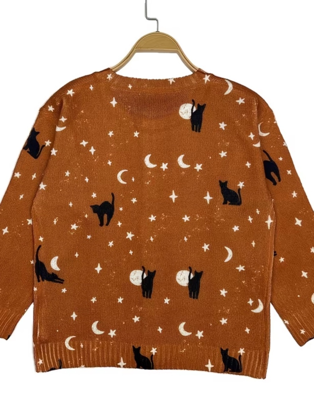 Black Cat Moon & Stars Cardigan Rusty Orange Halloween Sweater - Picture 3 of 10
